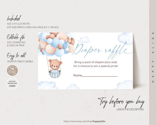 Editable Teddy Bear Hot Air Balloon Baby Shower, We Can Bearly Wait Boy Baby Shower Diaper Raffle Insert Template Instant Download WE051