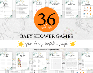 36 Editable Baby Shower Game with soft eucalyptus theme