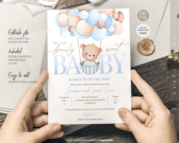 Teddy Bear Hot Air Balloon Bear Theme Baby Shower Invitation Set