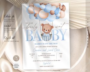 Teddy Bear Hot Air Balloon Bear Theme Baby Shower Invitation Set