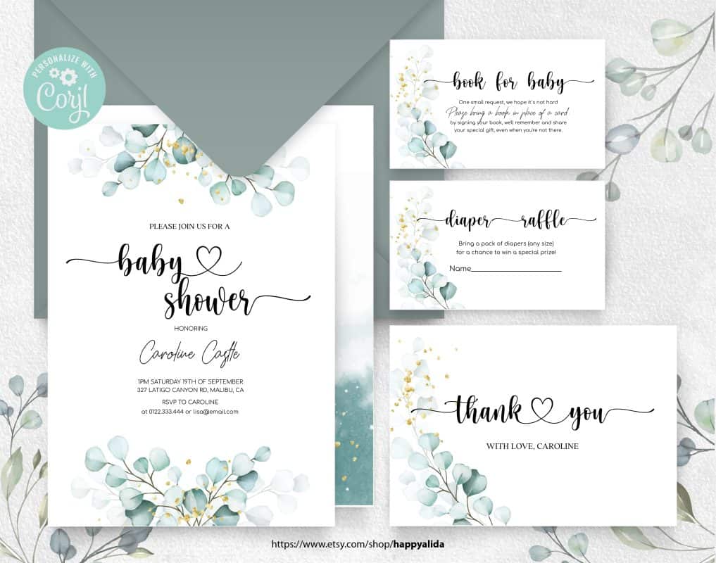 Editable Greenery Soft Eucalyptus Baby Shower Invitation Set