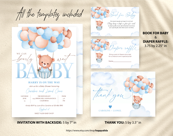 Teddy Bear Hot Air Balloon Bear Theme Baby Shower Invitation Set