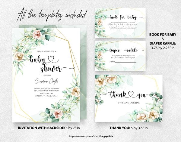 Editable Watercolor Flowers Baby Shower Invitation Set