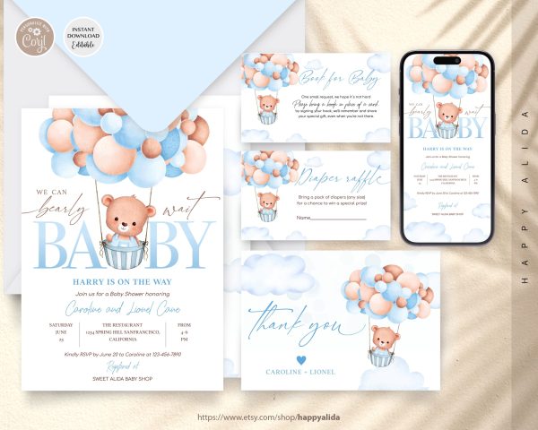 Teddy Bear Hot Air Balloon Bear Theme Baby Shower Invitation Set