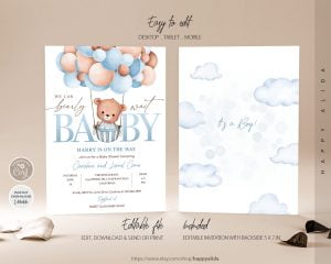 Teddy Bear Hot Air Balloon Bear Theme Baby Shower Invitation Set