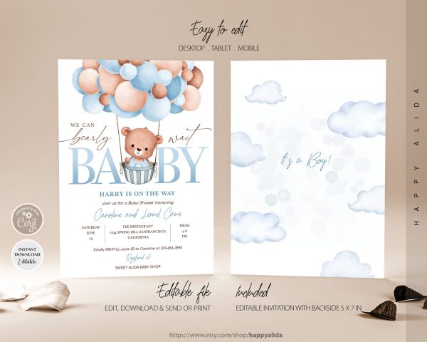 Teddy Bear Hot Air Balloon Bear Theme Baby Shower Invitation Set