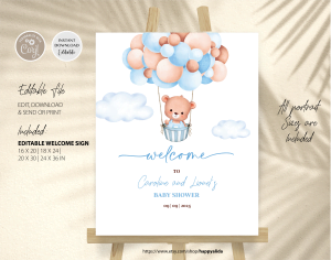 Editable Hot Air Balloon Bear We Can Bearly Wait Baby Shower Welcome Sign, Boy Baby Shower Sign Decor Template Instant Download