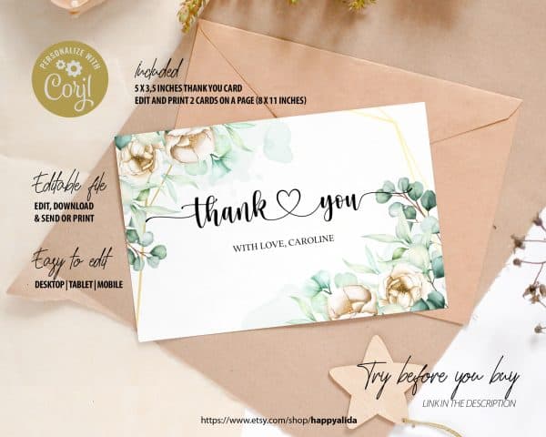 Editable Watercolor Flowers Thank You Card