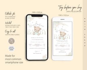 Editable Bohemian Pampas Grass Green Teddy Bear Baby Shower Electronic Invitation