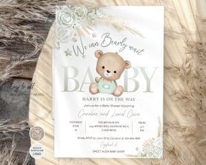 Editable Bohemian Pampas Grass Green Teddy Bear Baby Shower Invitation