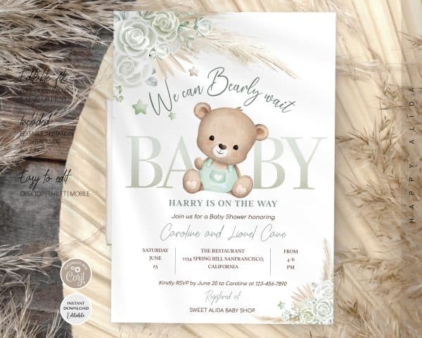 Editable Bohemian Pampas Grass Green Teddy Bear Baby Shower Invitation