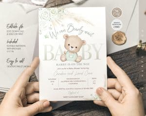 Editable Bohemian Pampas Grass Green Teddy Bear Baby Shower Invitation