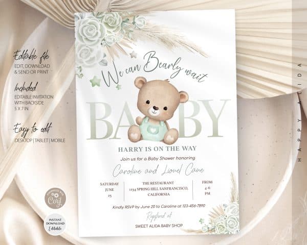 Editable Bohemian Pampas Grass Green Teddy Bear Baby Shower Invitation