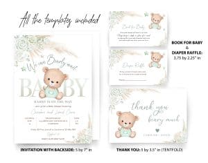 Editable Bohemian Pampas Grass Green Teddy Bear Baby Shower Invitation Set