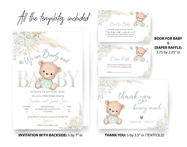 Editable Bohemian Pampas Grass Green Teddy Bear Baby Shower Invitation Set