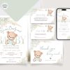 Editable Bohemian Pampas Grass Green Teddy Bear Baby Shower Invitation Set