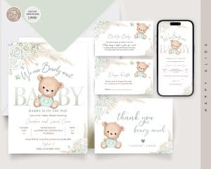 Editable Bohemian Pampas Grass Green Teddy Bear Baby Shower Invitation Set