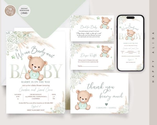 Editable Bohemian Pampas Grass Green Teddy Bear Baby Shower Invitation Set