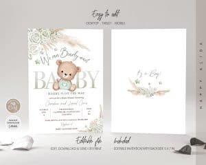 Editable Bohemian Pampas Grass Green Teddy Bear Baby Shower Invitation