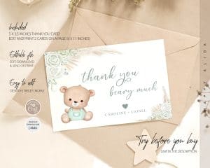 Editable Bohemian Pampas Grass Green Teddy Bear Baby Shower Thank You Card