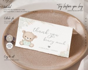 Editable Bohemian Pampas Grass Green Teddy Bear Baby Shower Thank You Card