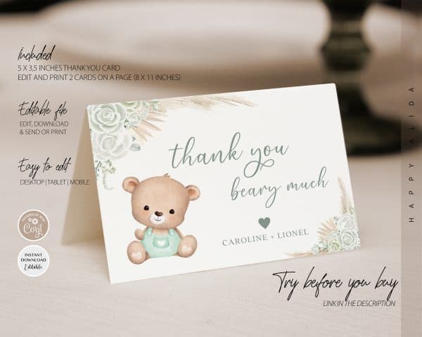 Editable Bohemian Pampas Grass Green Teddy Bear Baby Shower Thank You Card