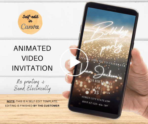 Editable Video Gold Galaxy Birthday Party Invitation